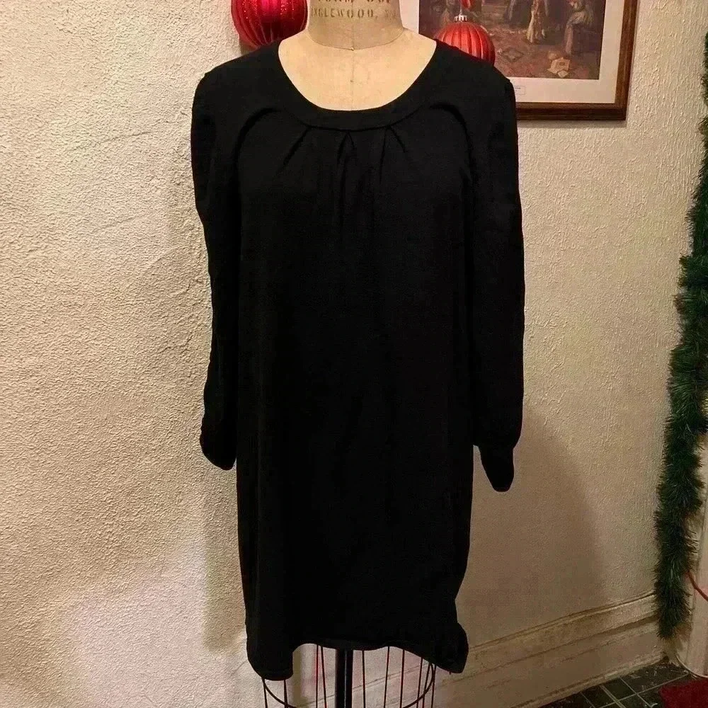 Cable & Gauge Black Knit Round Neck Ruched 3/4 Sleeves Mini Dress Size L - Picture 9 of 11